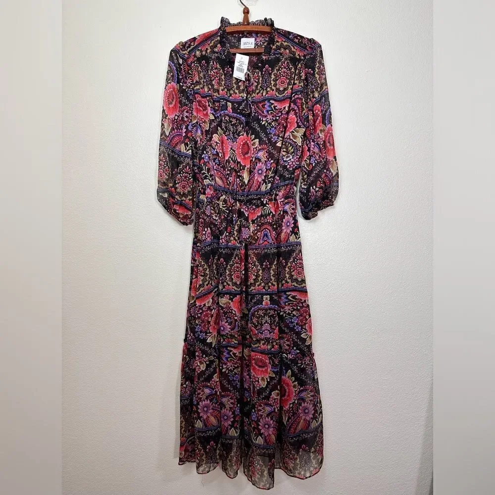 MISA Los Angeles Olivia Puff-Sleeve Floral Paisley Chiffon Midi Dress